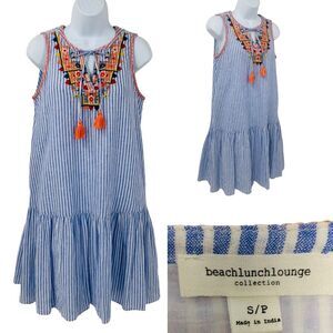Beach Lunch Lounge Embroidered Striped Cotton Linen Drop Waist Dress Sz. S